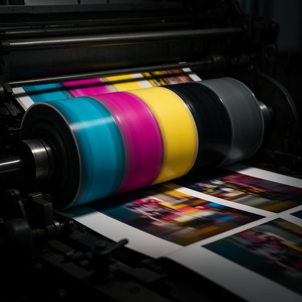 Prensa offset imprimiendo en CMYK